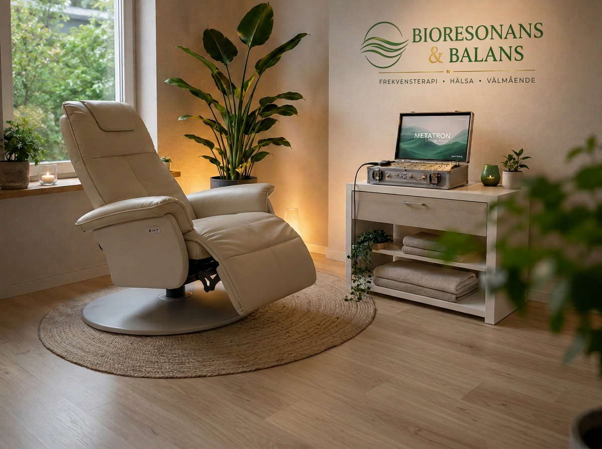 Behandlingsrum med fåtölj, växter och bioresonansutrustning